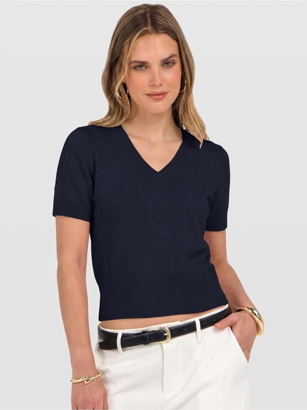 〽️Women Navy Blue Short Sleeve V Neck Busines Casual Lightweight Cropped Sweater